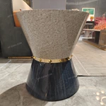 Sculpted Hourglass Sofa Side Table with Dark Stone Top Textured Two-Tone Body and Studded Stainless Steel Band